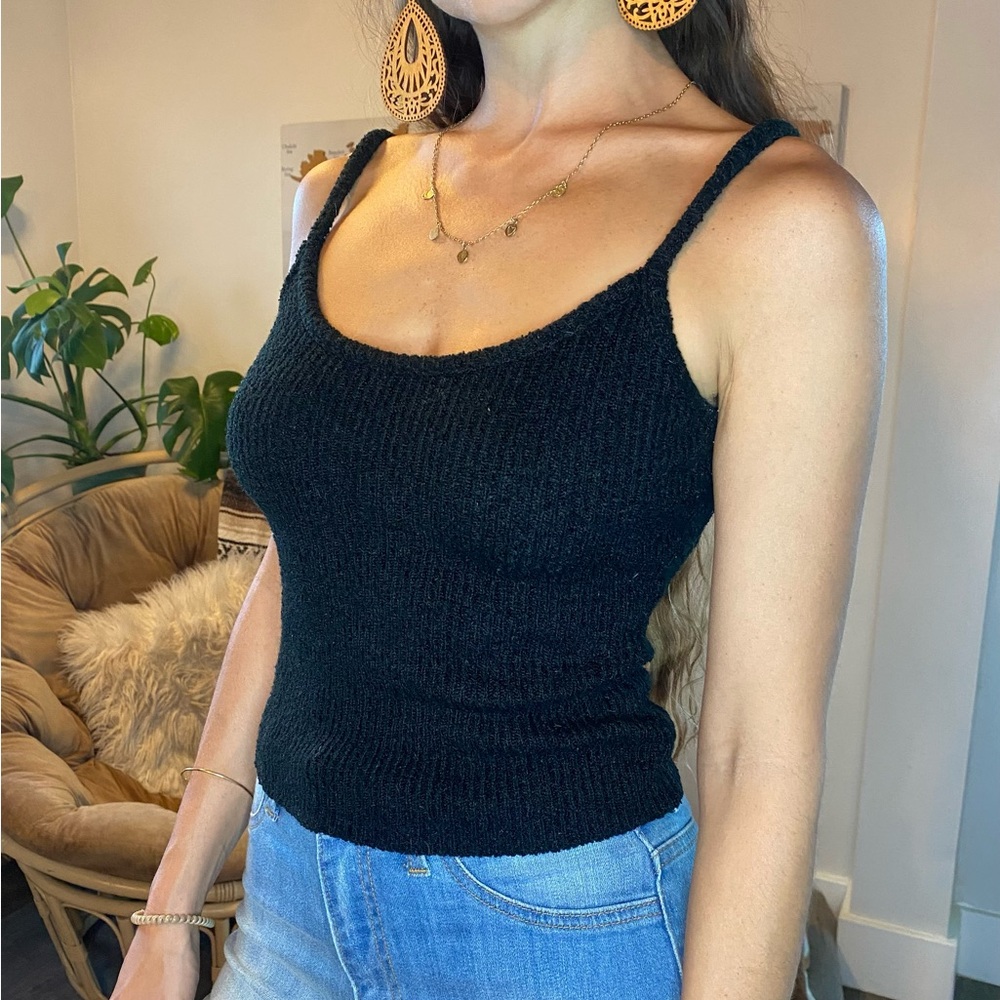 Fuzzy Knit Tank Top Black Fitted Stretchy Sleeveless Top